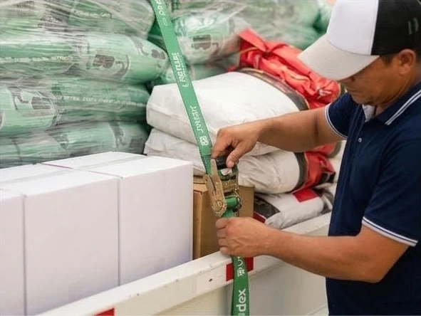 Labiofam employee securing a truck load