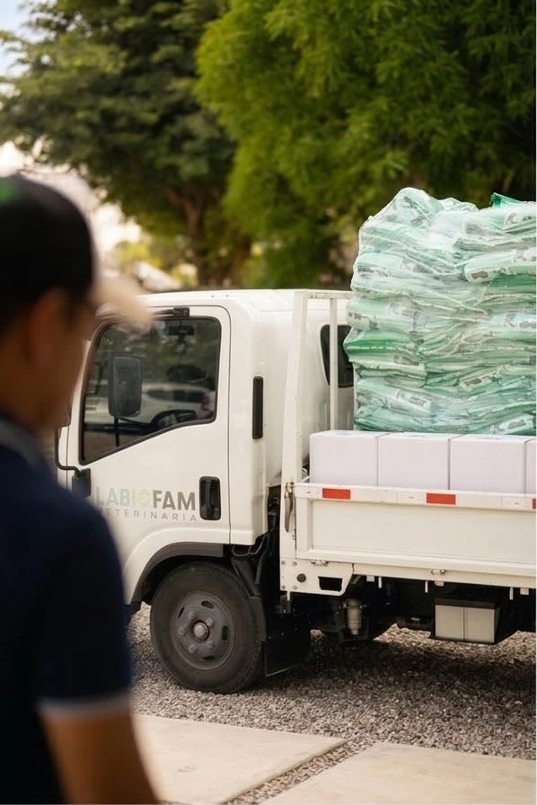 Labiofam truck loaded with premix bags, ready for delivery